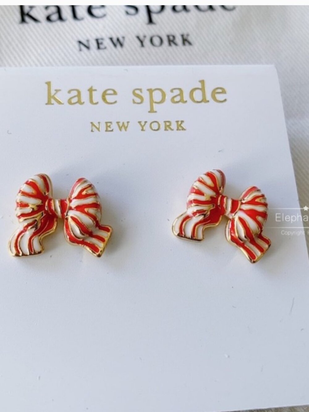 Kate Spade Candy Cane Stripe Bow Stud Earrings Red White Enamel Holiday Earrings